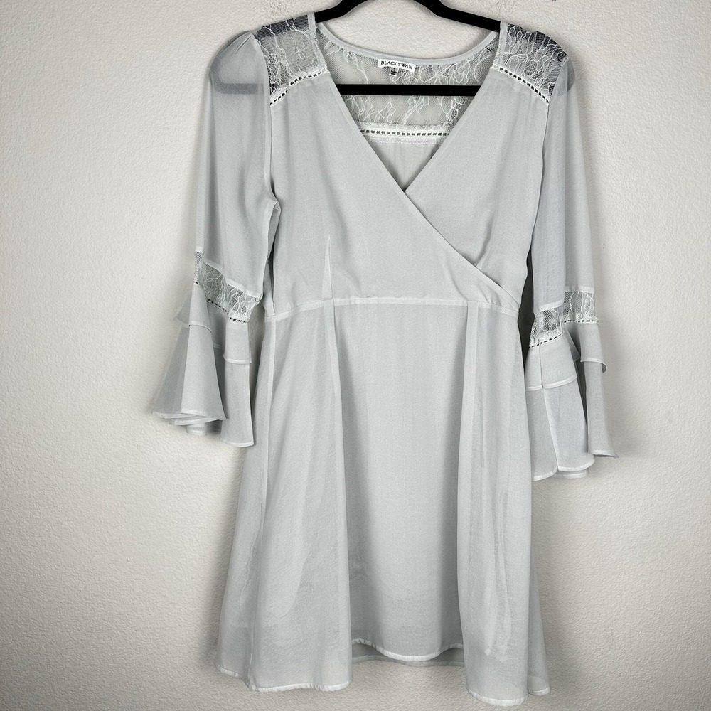 Black Swan Dress Size Small Light Blue Lace Faux‎ Wrap Bell Sleeve